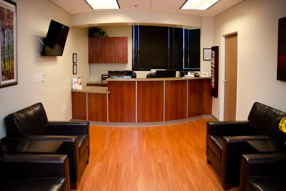 Waiting area and reception desk at The Smile Suite at Towne Square in Temecula, CA 